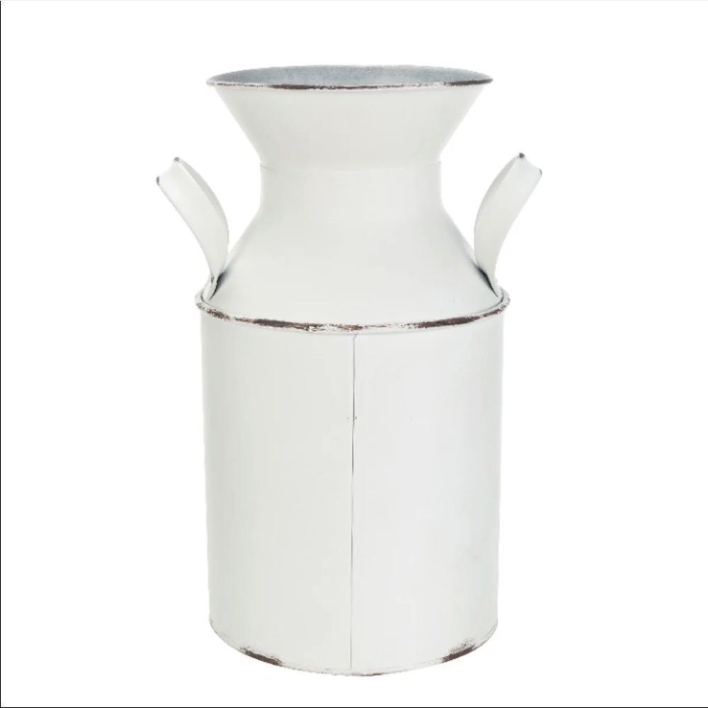 NWT Beautiful Farmers Market Metal Milk Jug vase Décor with Handles, White 10" H - Picture 4 of 15